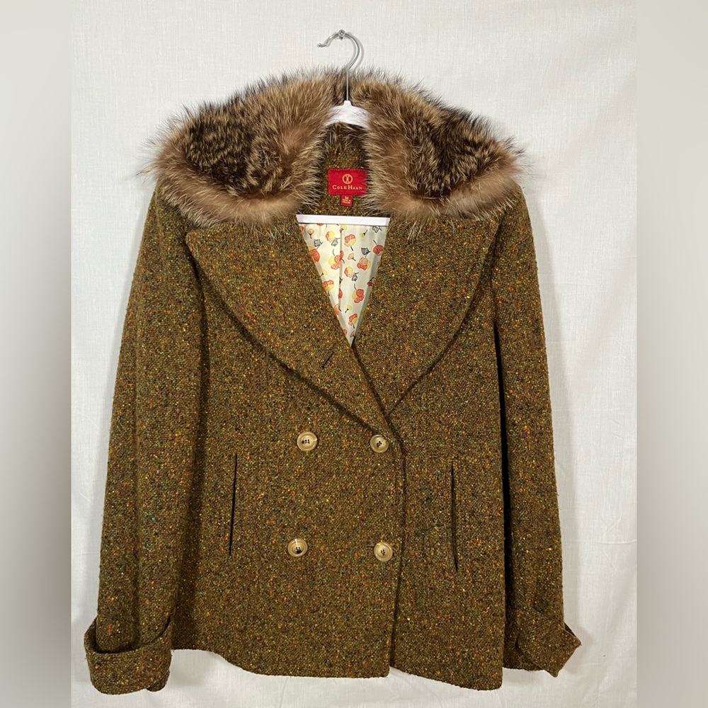 Cole Haan genuine fur collar tweed jacket